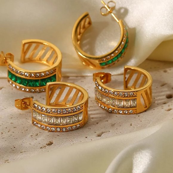 CC Zirconia Hoop Earrings 18K Gold Plated Stainless Steel - Picture 4 of 7